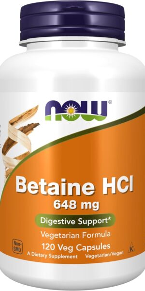 NOW Foods Supplements, Betaine HCl 648 mg, Vegetarian Formula, Digestive Support*, 120 Veg Capsules