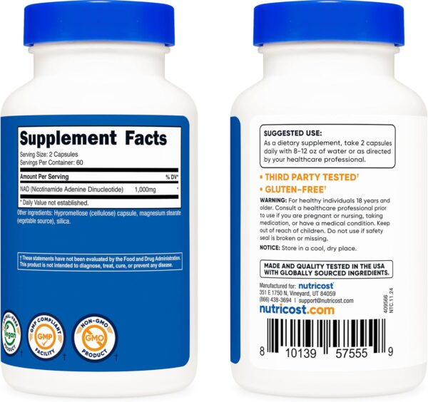 Nutricost NAD+ Supplement 1,000mg per Serving,120 Capsules (Nicotinamide Adenine Dinucleotide) - 60 Servings, Gluten-Free, Vegan - Image 6